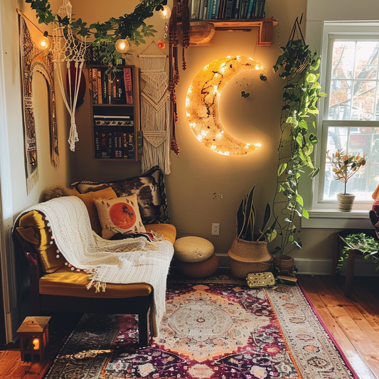 A cozy living room featuring a mix of boho chic and dark academia aesthetics. 