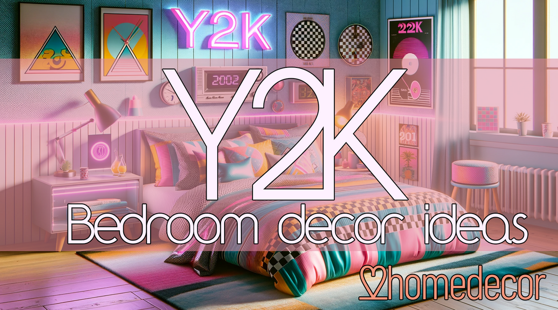 Modern bedroom with Y2K-inspired decor featuring a bed with vibrant, patterned bedding in checkered and striped designs, retro digital flip clock, nostalgic Y2K wall posters, and a color scheme of pastel tones with neon accents.