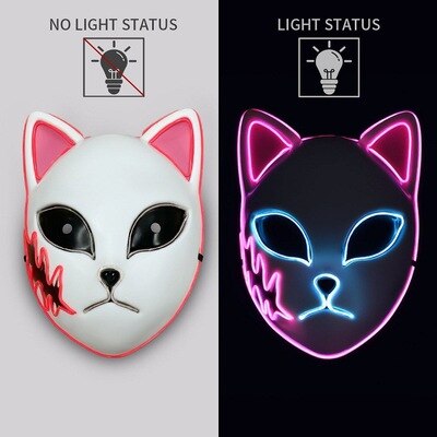 A side-by-side image of an Anime Style Cat Mask with black and pink design accents, showing a non-illuminated version on the left and the same mask glowing with blue LED outlines on the right.