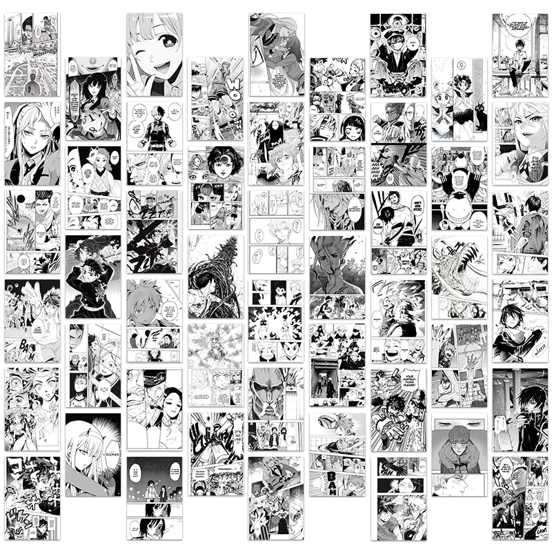Neatly arranged grid of anime manga panels in monochrome, ideal for an indie room or art hoe room decor, offering a creative and immersive wall-decor experience.