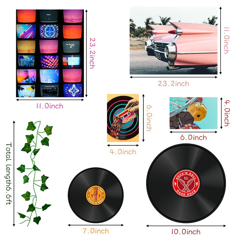 An assortment of items displayed with their sizes indicated: a large bookshelf with colorful lighting (23.2 inches), a vintage pink car (11.0 inches), vinyl records (7.0 and 10.0 inches), a guitar (6.0 inches), a cassette tape (4.0 inches), and a vine plant (6 ft total length)
