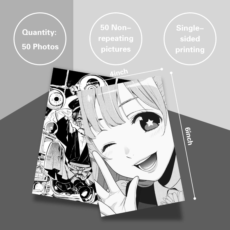 Product display of an Aesthetic Collage Kit Anime Style, featuring 50 unique black and white manga prints for kawaii room or dorm room decor, enhancing the space with a touch of Japanese pop culture.