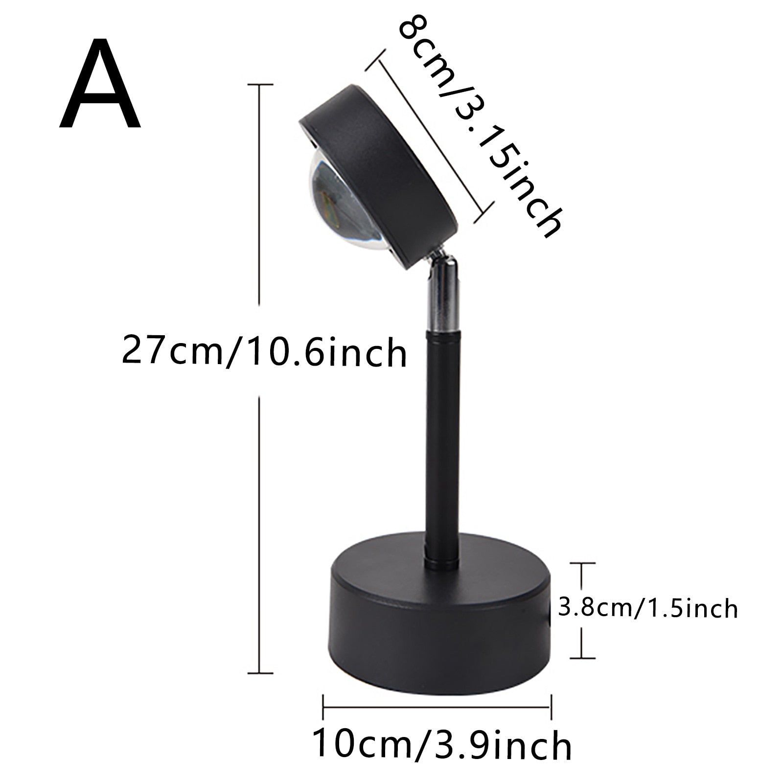 A lamp with dimensions labeled; it has a simple design with a round, adjustable head on a telescopic stand and a circular base.