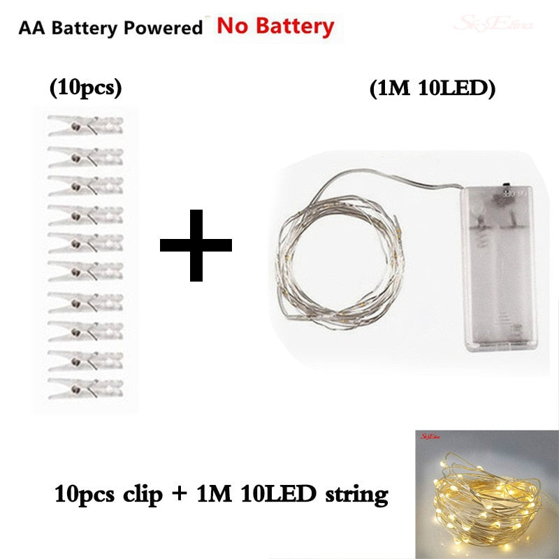 An advertisement image for Aesthetic String Lights showing a set of ten clear plastic clips and a string of ten LED lights, indicating that the clips can be attached to the light string.