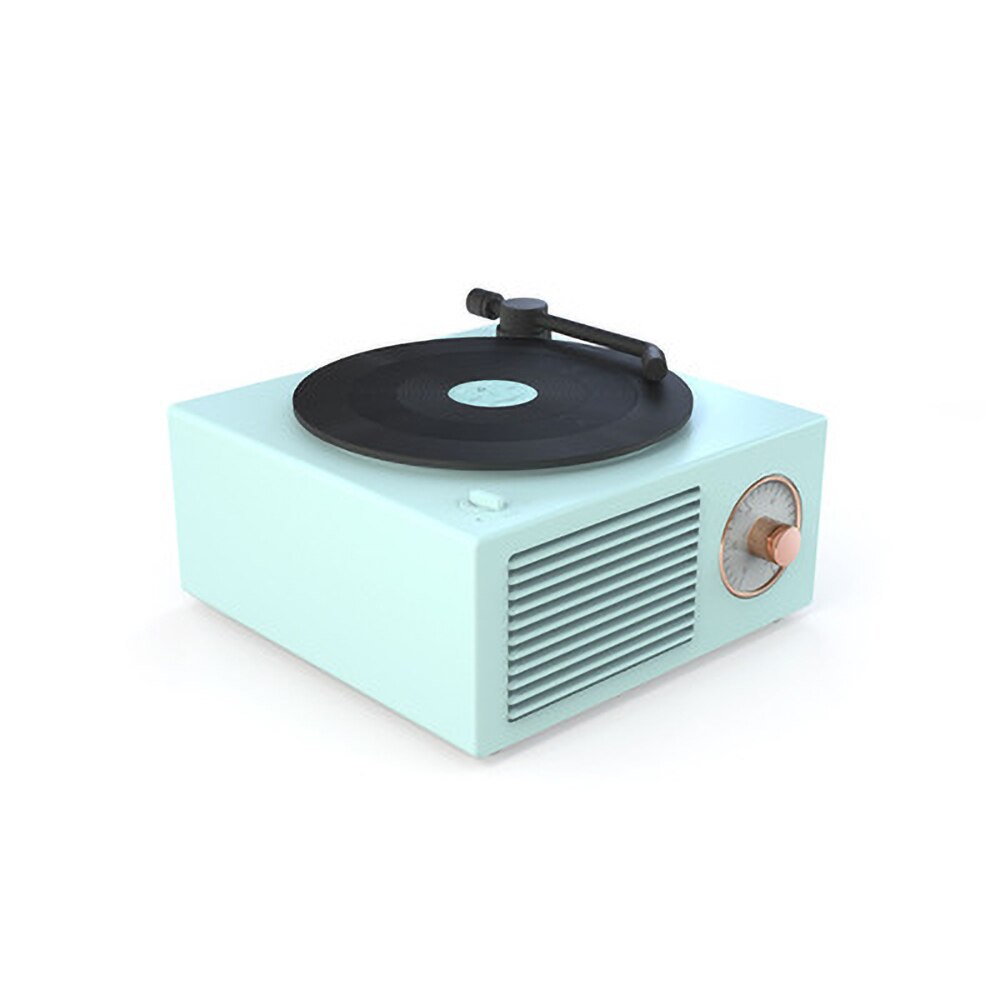 A mint green retro Bluetooth speaker with a vinyl record design on top, complete with a simple black tonearm and a copper-colored control knob, exuding a cool, vintage vibe.