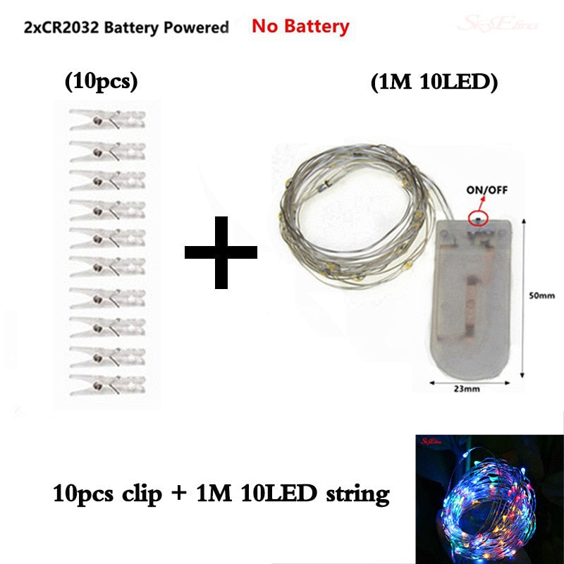 An advertisement image for a lighting product showing a set of ten clear plastic clips and a string of ten LED lights, indicating that the clips can be attached to the light string, powered by two CR2032 batteries which are not included.