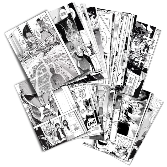 A pile of assorted anime-style black and white manga collage pieces, perfect for creating a personalized anime room or adding to a collage walls collection.
