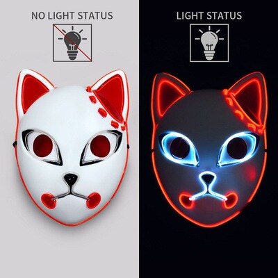 A side-by-side image of an Anime Style Cat Mask showing a before and after effect: the left side is the mask in normal light and the right side is the same mask illuminated with vibrant red LED outlines.