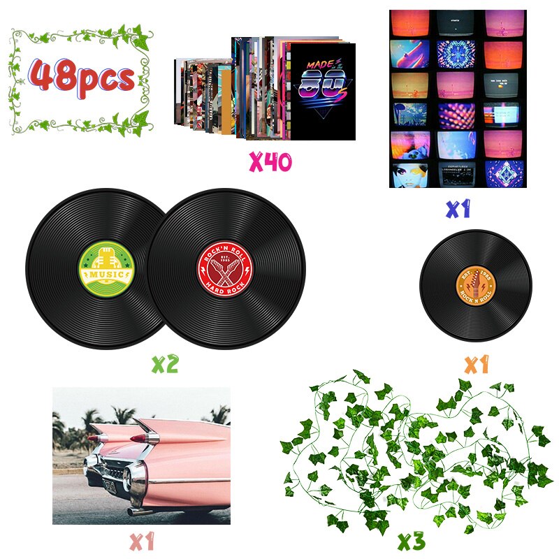 A graphic showcasing a collection of 48 pieces including 40 colorful neon-lit books, 1 bookshelf with vibrant lighting, 2 vinyl records with 'music' and 'rock n roll' labels, 1 vinyl record with an orange center, 1 vintage pink car image, and 3 ivy plants, with quantities specified next to each item.