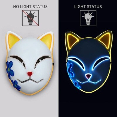 A side-by-side image of an Anime Style Cat Mask with yellow and blue floral design, presented in a non-illuminated version on the left and illuminated with yellow LED outlines on the right.