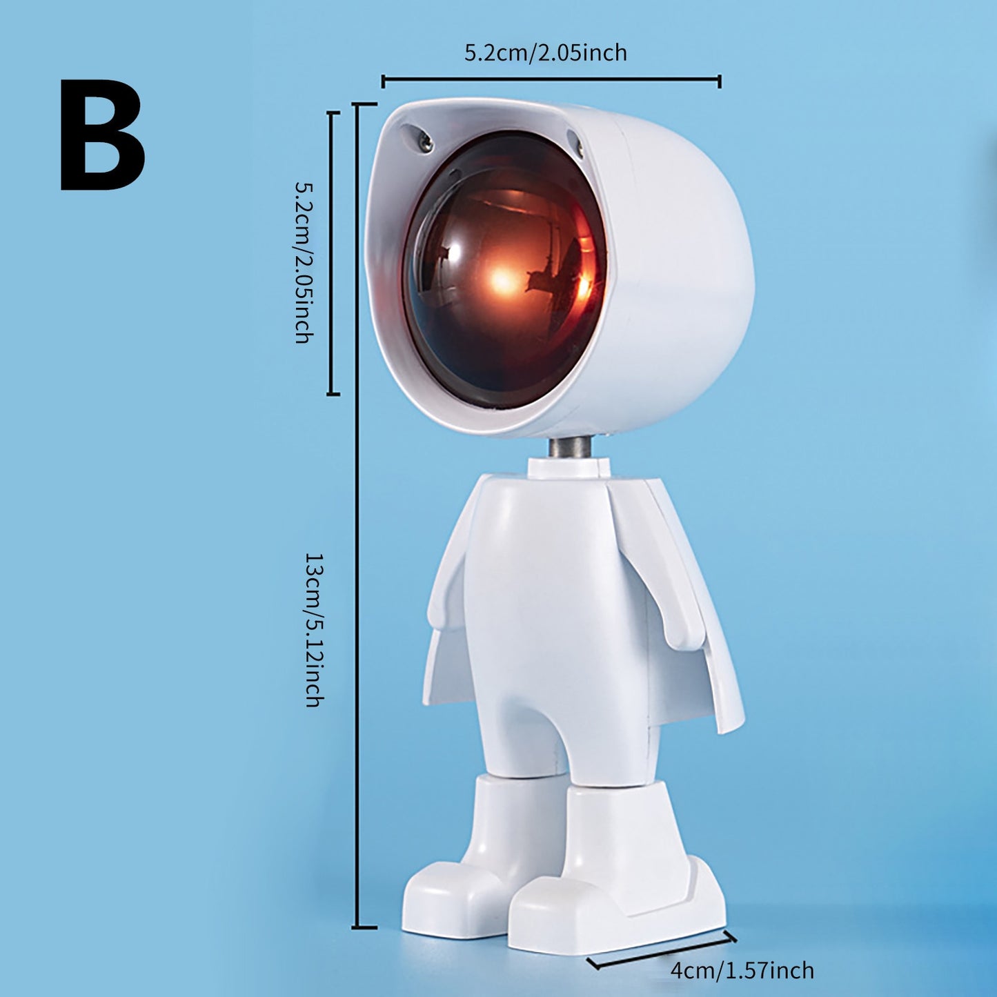 A playful lamp design resembling a robot or astronaut with dimensions labeled; it has a white body with a large, round head housing the light.
