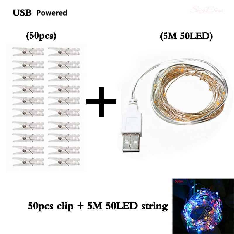An advertisement image for Aesthetic String Lights showing a set of ten clear plastic clips and a string of ten LED lights, indicating that the clips can be attached to the light string.