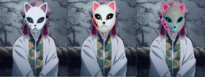 An illustration showing a character from anime wearing three variations of Anime Style Cat Masks in white with different colored accents, demonstrating the masks' fit and style.
