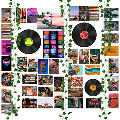 A collage showing a collection of items including 40 books with neon signs, one bookshelf with colorful lights, two vinyl records labeled 'music' and 'rock n roll,' and three strands of ivy plants, labeled with quantities and arranged against a white background.