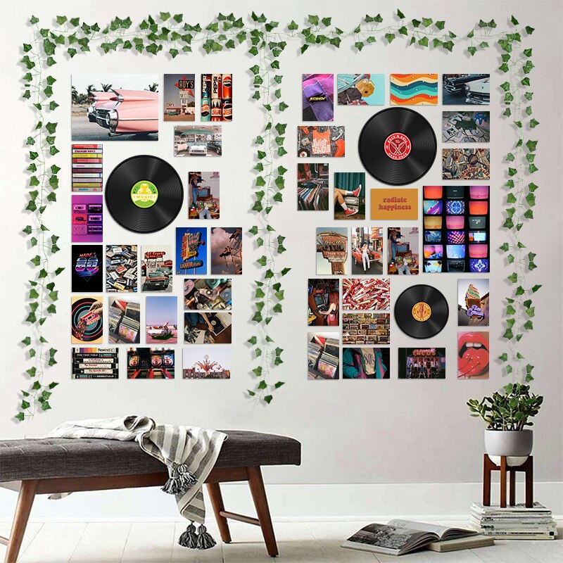 A stylish room with a bench, houseplant, and a wall adorned with green ivy, vinyl records, posters of a pink car, bookshelves, and various colorful and nostalgic images representing music, travel, and retro culture.
