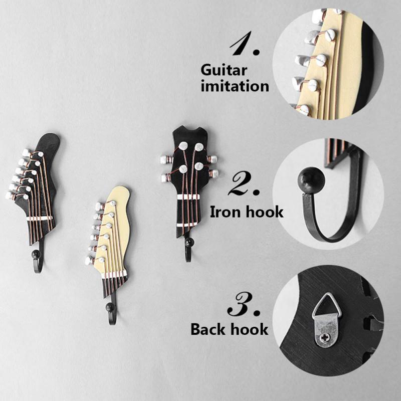 An informative display of three guitar headstock-shaped wall hooks on a gray background. Labeled '1. Guitar imitation,' it shows the detailed designs of the headstocks, with the left and right in black and the center in cream, resembling different guitar styles. Close-up insets labeled '2. Iron hook' and '3. Back hook' highlight the functional components: the curved metal wall hook and the mounting hardware on the back, respectively.