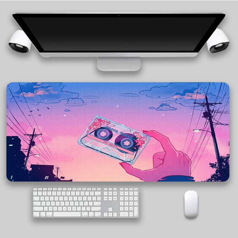 Anime cityscape mousepad with a hand holding a cassette tape against a twilight sky, a unique addition to collections such as desk accessories or indie room decor.