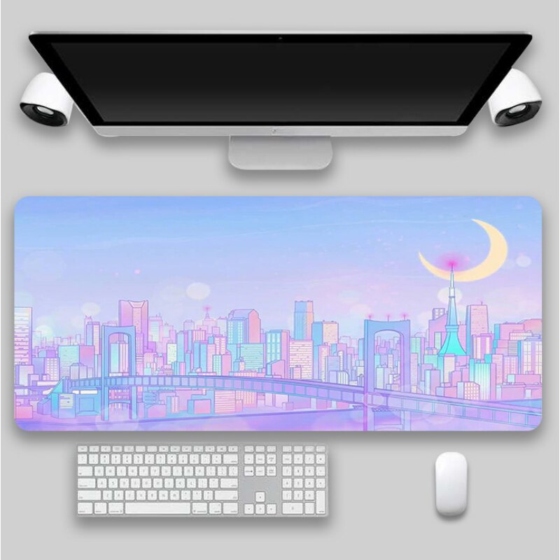 A mousepad with a dawn-lit anime urban skyline, suitable for adding a touch of city chic to a dark academia room decor or an indie room atmosphere.