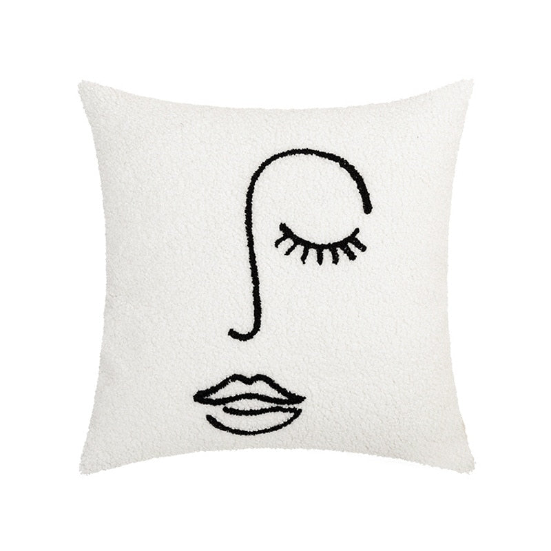 A white pillowcase with a soft, nubby texture, featuring a minimalist line art depiction of a face with one eye closed, lashes detailed, a straight-lined nose, and full lips. The design of the 'Art Hoe Pillow Case' is indicative of the art hoe aesthetic and would suit a variety of decorating themes such as 'Boho', 'Coquette', 'Cottagecore', 'Danish Pastel', 'Dorm Room', 'Dreamy Room', 'Feminine Decor', and 'Relaxing Room Decor'.