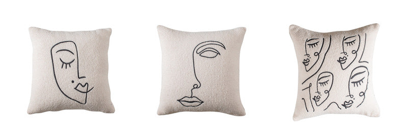 A series of three unique cream-colored pillowcases displayed side by side against a white background, each adorned with a black line art drawing of abstract faces in various expressions. These 'Art Hoe Pillow Cases' capture the essence of 'Art Hoe Room Decor' and would seamlessly fit into the decor categories such as 'Boho', 'Coquette', 'Cottagecore', 'Danish Pastel', and are perfect for 'Dorm Room', 'Dreamy', 'Feminine', and 'Relaxing Room' environments.