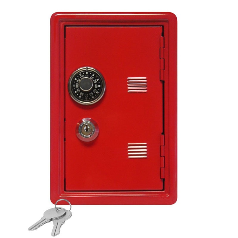 Bright red mini safe box with a combination dial and keys on a wooden surface, ideal for adding an accent to a vintage room or providing practical storage in a cottagecore living room.