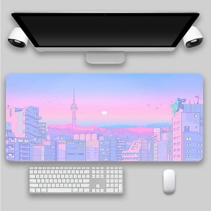 Pastel-hued mousepad with a serene anime city skyline during sunset, suitable for adding a touch of dreamy room decor or a Danish pastel decor aesthetic to your workspace.