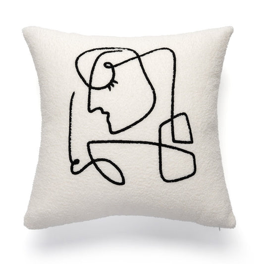 A cozy white pillowcase with an abstract black line drawing of a face in a continuous line style. The drawing features elements such as an eye, nose, and a segmented face outline. This creative and modern design complements various decor styles listed, including 'Art Hoe', 'Boho', 'Coquette', 'Cottagecore', 'Danish Pastel', and is suitable for those looking to add an artistic touch to their bedding, be it in a dorm room, a dreamy bedroom setup, or any space dedicated to feminine and relaxing room decor.