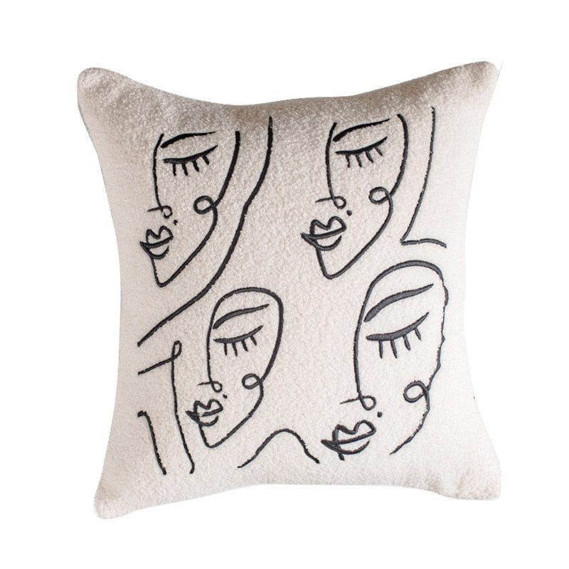 A charming pillowcase with a cream-colored, textured surface, showcasing multiple abstract black line drawings of female faces with various expressions. This 'Art Hoe Pillow Case' fits a diverse range of interior design styles such as 'Art Hoe Room Decor', 'Boho Room Decor', 'Coquette Room Decor', 'Cottagecore', 'Danish Pastel', 'Dorm Room Decor', 'Dreamy Room', 'Feminine Decor', and 'Relaxing Room Decor', perfect for adding a creative and personal touch to any living space.