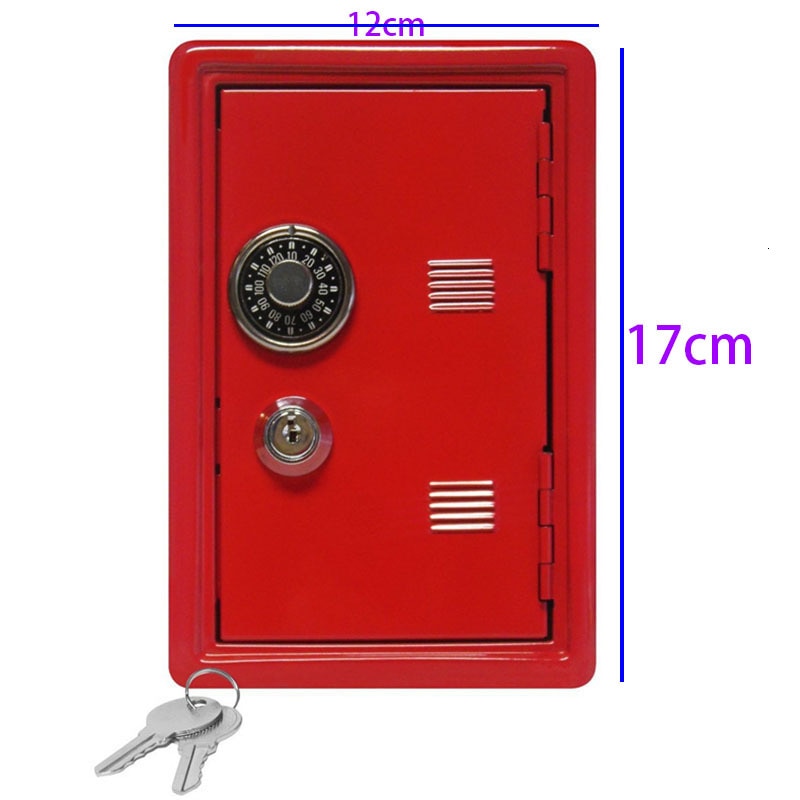 Dimensional details of a red mini safe box, clarifying size for customers interested in adding to their collection of room accents or organization and storage solutions.