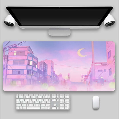 A large mousepad featuring a pastel-hued anime streetscape at dusk, complementing accessories for a soft girl room or coquette room decor.