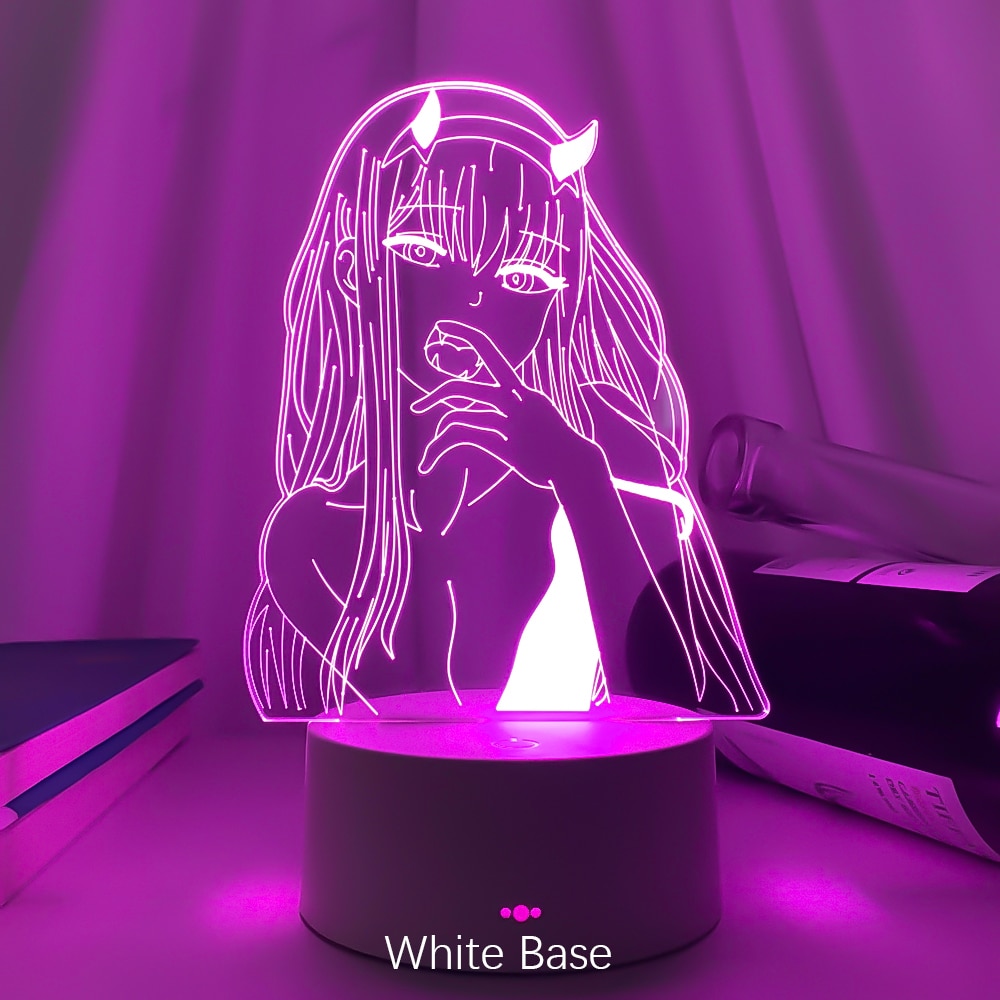 Purple illuminated anime LED lamp on a simple white base, suitable for minimalist room accents or as a part of a danish pastel decor ensemble.