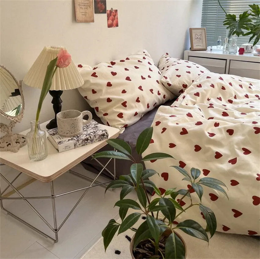 collage room with bed set with hearts model