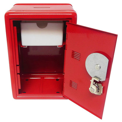 Interior view of an open red mini safe box, revealing storage space, perfect for room organization or as a quirky bedside lamp stand with a functional twist.