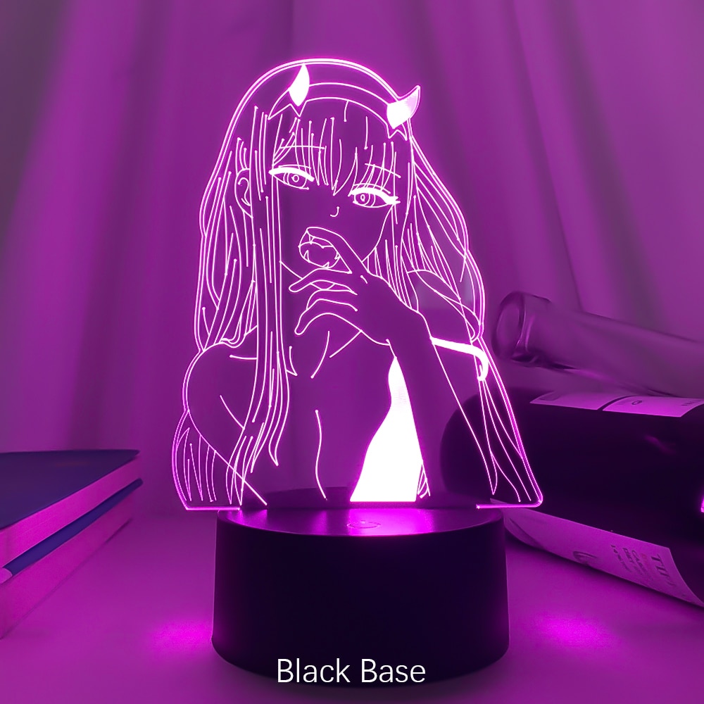 A purple-light anime LED lamp with a black base, blending seamlessly into dark room decor or as a unique desk lamp for fans of anime.