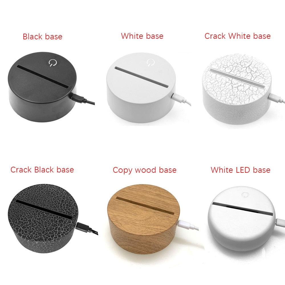 Base options for anime LED lamps showcasing black, white, crack-patterned, wooden-patterned, and white LED varieties, ideal for customizing desk accessories or room accesories.