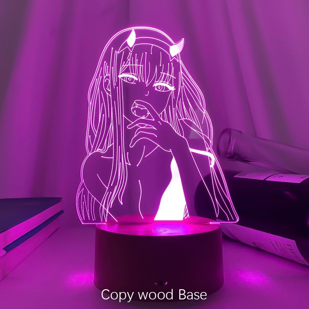 Bedside anime LED lamp with a wooden-patterned base, offering a warm aesthetic suitable for boho room decor or a nature-inspired room.