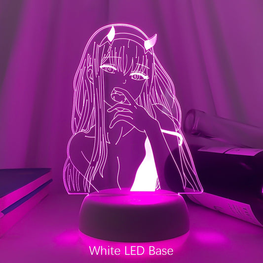 Anime LED bedside lamp with a white base, casting a soft purple glow, perfect for adding a touch of whimsy to an anime room or as a statement piece in lighting collections.