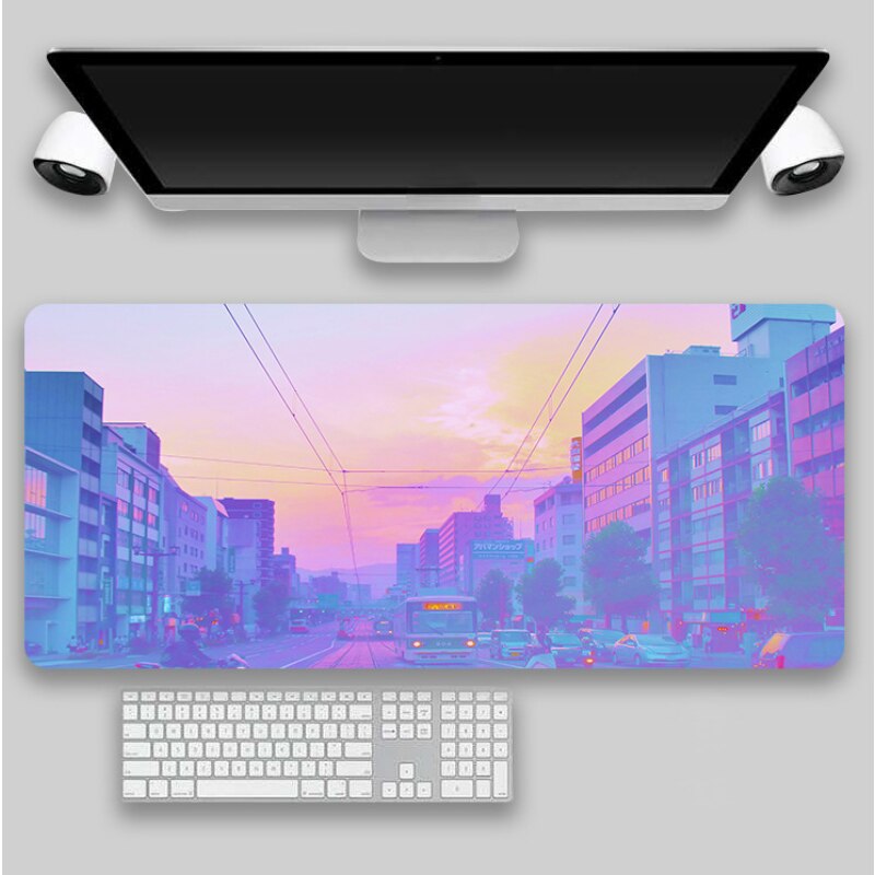 Mousepad depicting a city street at sunset in anime art style, blending urban vibes with a dreamy aesthetic, great for adding character to a grunge room or a vintage room decor collection.