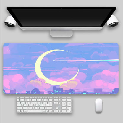 A mousepad illustrating a dreamy anime city under a large crescent moon, fitting for a relaxing room decor or a spiritual room decor setup.