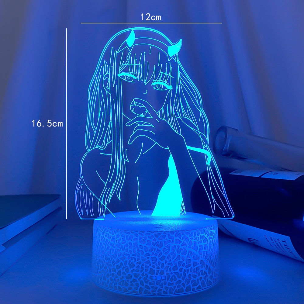 Anime LED lamp casting a blue light on a crack-patterned white base, with dimensions provided for customers looking to enhance their bedside lamps collection.