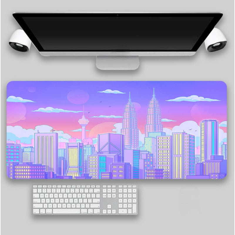 An anime skyline mousepad with a modern cityscape, perfect for desk accessories in a boho room decor or a nature-inspired room setting.