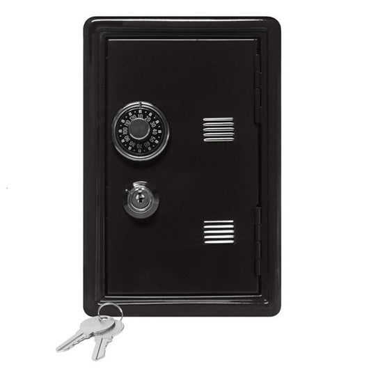 A sleek black mini safe box with a combination dial and key lock, suitable for desk accessories or closet organization to secure personal items.
