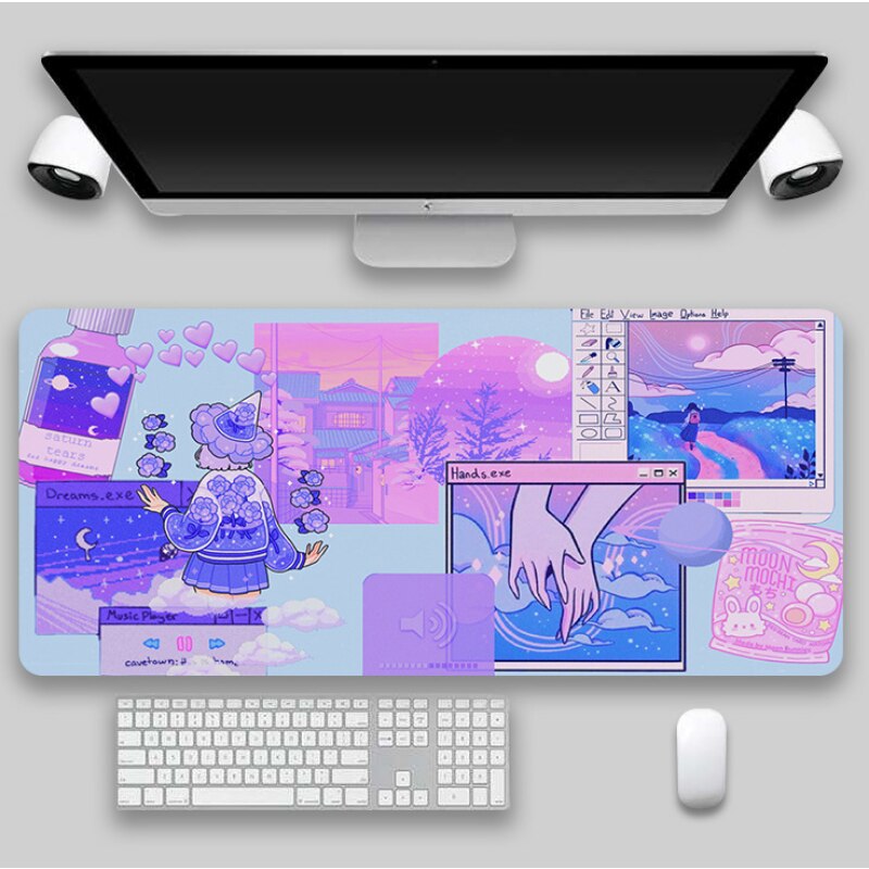 Vibrant anime-themed mousepad with a purple and pink cityscape, featuring cute illustrations and computer window designs, perfect for kawaii room or desk accessories collections.