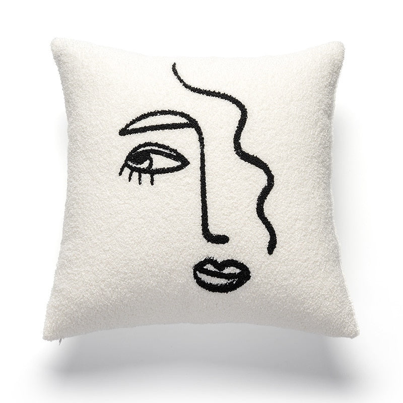 A plush, cream-colored pillowcase adorned with a stylized black line drawing of a woman's face, featuring an eye, eyebrow, and lips. The modern and simplistic design of the 'Art Hoe Pillow Case' is versatile and would complement a range of decor styles, including 'Art Hoe Room Decor', 'Boho Room Decor', 'Coquette Room Decor', 'Cottagecore', 'Danish Pastel', 'Dorm Room Decor', 'Dreamy Room', 'Feminine Decor', and 'Relaxing Room Decor'.
