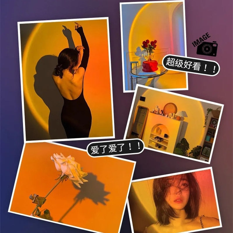  collage of images featuring the shadows created by the Sunset Light Projector from the photo display and wall decor collection. Includes a silhouette of a woman, a room setup, and a rose, highlighting the projector's potential for creating an aesthetic shaggy room rug or cottagecore bedroom atmosphere.