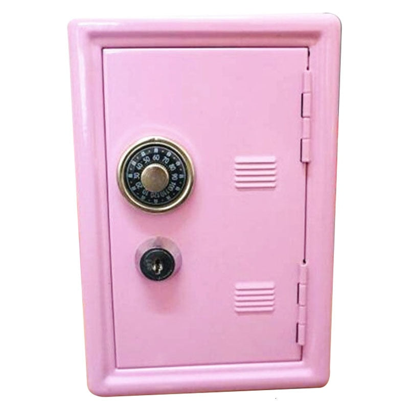 Pastel pink mini safe box, a cute and secure way to store valuables, fitting well within a soft-girl room or feminine room decor theme.