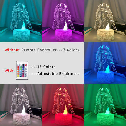 Anime LED lamp with color and brightness variations shown with and without remote control, suitable for creating a personalized atmosphere in room mood boards or lighting the way in a grunge room.