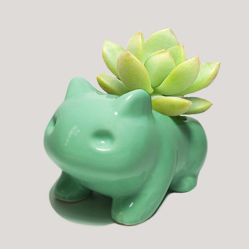 A charming mint-green ceramic frog-shaped flower pot with a succulent plant, perfect for adding a touch of kawaii room decor or nature-inspired room accents.