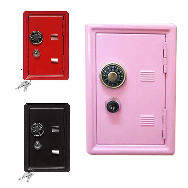 Collage of mini safe boxes in black, red, and pink, perfect for those who love to mix and match room accesories or add to their collection of unique desk accessories.