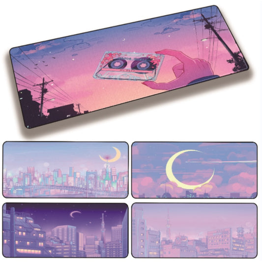 Anime-inspired mousepad featuring a nostalgic cityscape at dusk with a hand holding an audio cassette, merging technology and retro vibes, ideal for an anime room or a cheerful room decor setup.